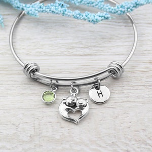 Personalized Heart Pigs Initial Bracelet, Pig Charm Bangle Bracelet, Pig Jewelry, Farmer Animal Bracelet, Pig Jewelry