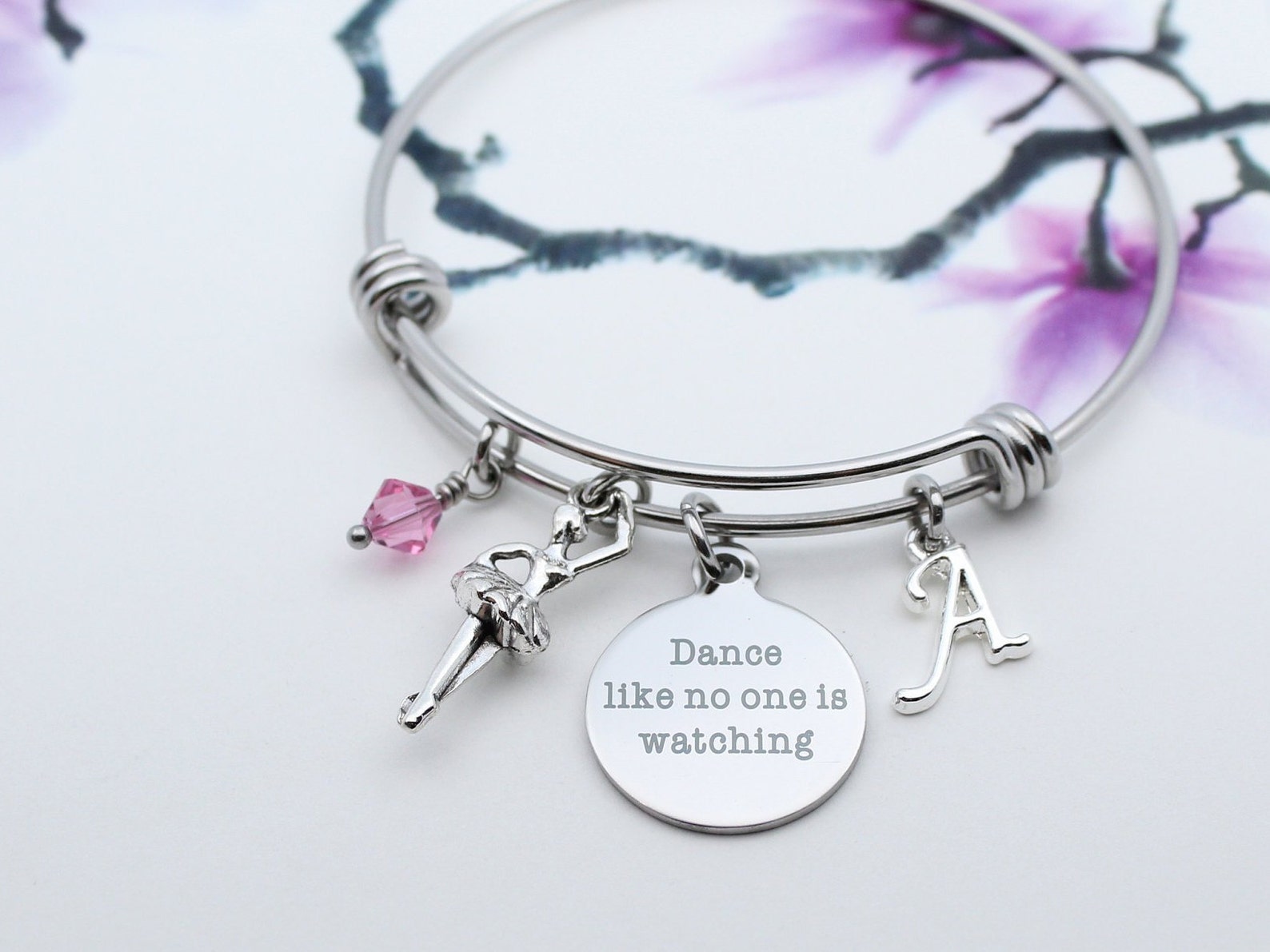 ballet bracelet, personalized ballet gift idea, ballerina charm bangle bracelet, dance like no one is watching jewelry, ballet l