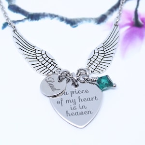 A Piece of my Heart is in Heaven Necklace, Personalized Dad Memorial Charm Necklace, Sympathy Jewelry, Angel Wings, Gift for Loss of Dad