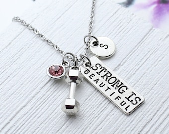 Strong is Beautiful Necklace, Personalized Work Out Charm Necklace, Dumbbell Jewelry, Fitness, Exercise, Gym, Gift for Trainer, Motivation