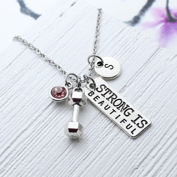 Strong is Beautiful Necklace, Personalized Work Out Charm Necklace, Dumbbell Jewelry, Fitness, Exercise, Gym, Gift for Trainer, Motivation