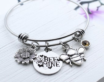 Bee Mine Charm Bangle Bracelet, Personalized Bumble Bee Charm Jewelry, Bee Mine Sunflower Gift, Gift for Girlfriend, Bee and Sunflower Gift