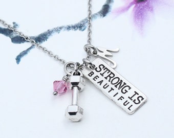 Strong is Beautiful Necklace, Personalized Work Out Charm Necklace, Dumbbell Jewelry, Fitness, Exercise, Gym, Gift for Trainer, Motivation