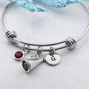 Megaphone Bracelet, Personalized Cheerleader Charm Bangle, Cheerleader Jewelry, Gift for Cheerleader, Cheerleader Team Gifts, Coach Gift