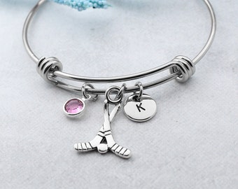 Hockey Sticks Bracelet, Personalized Hockey Charm Bangle Bracelet, Hockey Jewelry, Gift for Hockey Player, Hockey Team Gifts