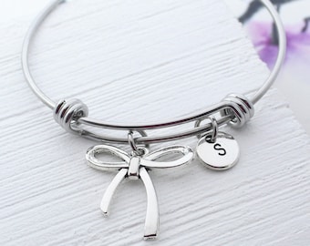 Bow Charm Bracelet, Ribbon Bow Charm, Personalized Bow Accessory, Bow Gifts, Bow Jewelry, Silver Bow Bangle Bracelet