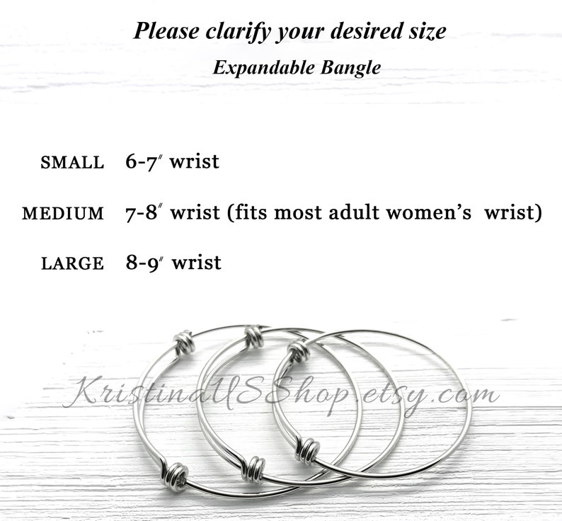 May include: Three expandable silver bangles in different sizes. The sizes are labeled as small, medium, and large with corresponding wrist measurements in inches. The text "KristinallsShop.etsy.com" is visible in the bottom center of the image.