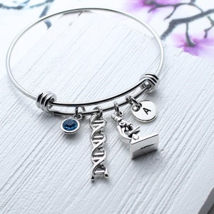 Personalized DNA Charm Bangle Bracelet, Microscope Charm Jewelry, Scientists Biology Laboratory Researcher Gift, Chemistry Gift, Forensic