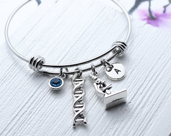 Personalized DNA Charm Bangle Bracelet, Microscope Charm Jewelry, Scientists Biology Laboratory Researcher Gift, Chemistry Gift, Forensic