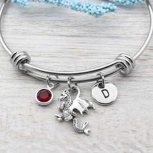 May include: A silver bangle bracelet with a red gemstone charm, a dragon charm, and a charm with the letter "D" engraved on it.