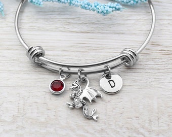 Personalized Dragon Charm Bracelet, Dragon Charm Bangle Bracelet, Dragon Charm Jewelry, Wild Dragon Bracelet
