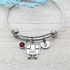 Personalized Pig Initial Bracelet, Pig Charm Bangle Bracelet, Pig with Bow Jewelry, Gift for Farmer, Pig Jewelry