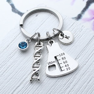 Personalized DNA Charm Keychain, Beaker Charm Jewelry, DNA Jewelry, Beaker Charm Key Chain, Scientist Teacher Gift, Chemistry, Researcher