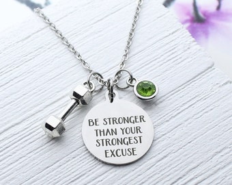 Be Stronger Than Your Strongest Excuse Necklace, Personalized Dumbbell Charm Jewelry, Gift for Trainer, Fitness, Motivation, Gym, Work Out