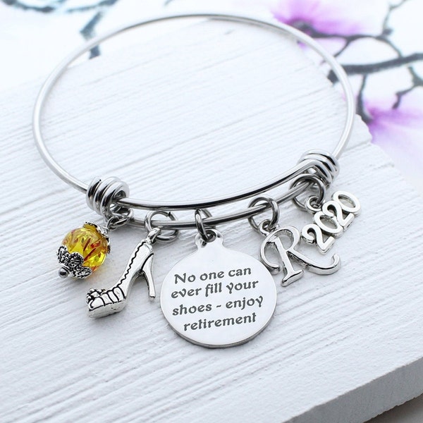 No One Can Ever Fill Your Shoes Enjoy Retirement Bracelet, Shoes Charm Bangle, Personalized Happy Retirement Jewelry, Retirement Gift