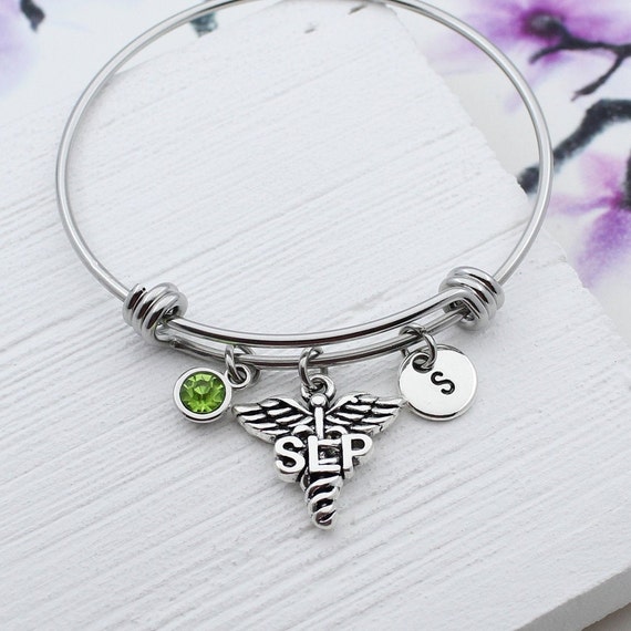 Personalized SLP Charm bangle Bracelet, Speech Language Pathologist Charm Jewelry, SLP Graduation Gift, Gift for Nurse, SLP Caduceus Charm