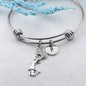 Cheerleader Girl Bracelet, Personalized Cheerleader Charm Bangle, Cheerleader Jewelry, Gift for Cheerleader, Cheerleader Team Gifts