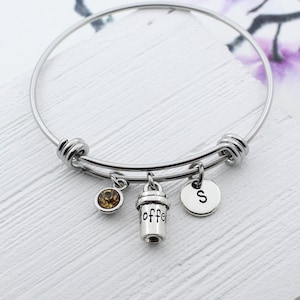 Personalized Coffee Charm Bangle Bracelet, Latte Charm Jewelry, Coffee Lover Gift, Starbucks Coffee Gifts