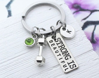 Strong is Beautiful Keychain, Dumbbell Charm Key Chain, Gift for Trainer, Motivation Accessory, Exercise, Gym, Fitness, Work out Keyring