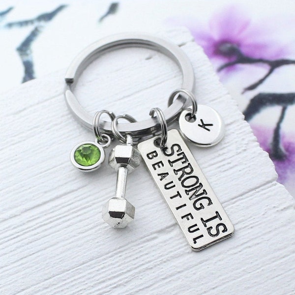 Strong is Beautiful Keychain, Dumbbell Charm Key Chain, Gift for Trainer, Motivation Accessory, Exercise, Gym, Fitness, Work out Keyring