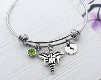 Personalized EMT Charm Bangle Bracelet, Emergency Medical Technician Charm Jewelry, Gift for Nurse, Emt Graduation Gift, EMT Caduceus Charm