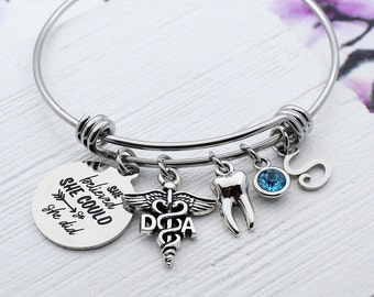 Dental Assistant Bracelet, DA Charm Bangle, Personalized DA Charm Jewelry, Dentist Graduation Gift, She Believed She Could So She Did