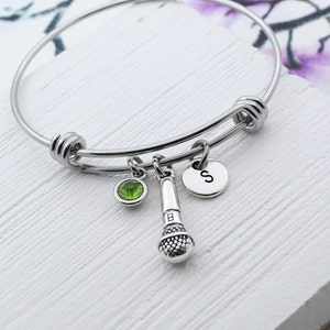 Microphone Charm Bracelet, Personalized Mic Charms Bangle Bracelet, Music Gift, Gift for Singer, Speaker Jewelry Accessory
