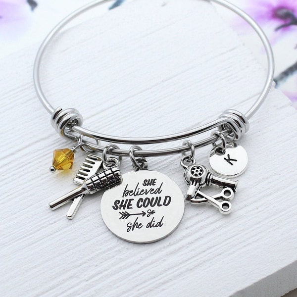 Cosmetology Graduation Gift Idea for Hair Stylist, Hairstylist Charm Bangle Bracelet, Personalized Hairdresser Jewelry, Hair Dresser Charms