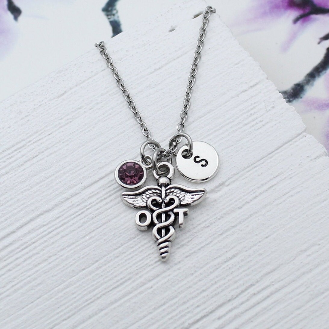Personalized OT Charm Necklace, Occupational Therapist Charm Jewelry, Gift for OT, Ot Graduation Gift, OT Caduceus Charm, Nurse
