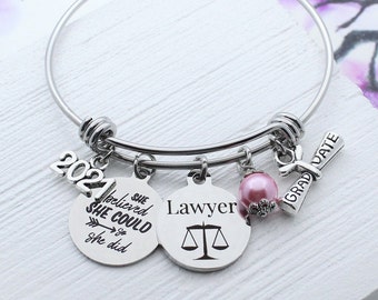 Law Graduation Charm Bangle Bracelet, Graduation Gift for Lawyer, Law Student Gift, Law School Graduate, Scale Justice Jewelry, Paralegal