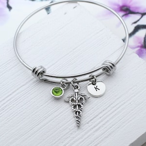 Caduceus Charm Bangle Bracelet, Personalized Caduceus Charm Jewelry, Gift for Nurse, Nurse Medical Jewelry, Nurse Medical Bracelet
