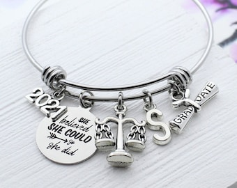 Lawyer Graduation Bangle Bracelet: Scale of Justice, Initial Charm