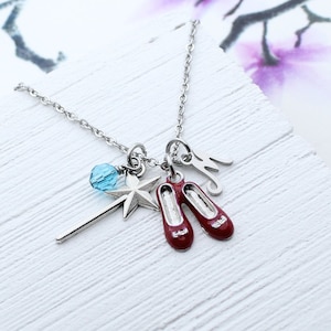 Wizard of Oz Charm Necklace, Ruby Red Slippers Jewelry, Magic Star Wand, Oz Ruby Slippers Gift, Gift for Little Girl, Magic Wand Gift