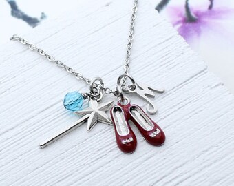 Wizard of Oz Charm Necklace, Ruby Red Slippers Jewelry, Magic Star Wand, Oz Ruby Slippers Gift, Gift for Little Girl, Magic Wand Gift