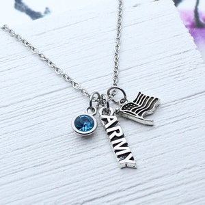 Personalized Navy, Air Force, Marines, Army Charm Necklace, USA Army Charm Jewelry, Army Mom Necklace, Army Wife Gift,  Birthstone Army