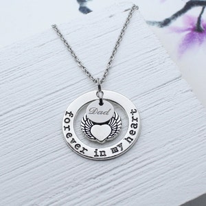 Dad Memorial Necklace, Sympathy Jewelry, Gift for Loss of Dad, Forever In My Heart Dad, Mom, Papa, Mama Charm Necklace, Silver Necklace