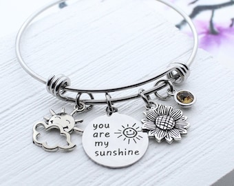 You Are My Sunshine Bracelet, Personalized You are My Sunshine Charm Bangle Bracelet, Sunflower Jewelry, Birthday Gift Idea