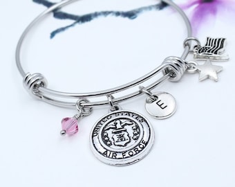 US Air Force Bracelet, Personalized US Air Force Charm Bangle Bracelet, Gift for air Force, Air Force Jewelry, Military