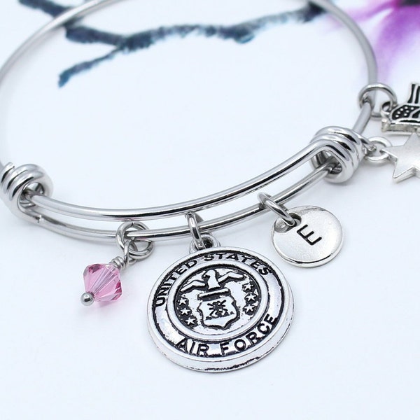 US Air Force Bracelet, Personalized US Air Force Charm Bangle Bracelet, Gift for air Force, Air Force Jewelry, Military