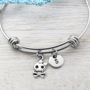 Tiny Skull Bangle Bracelet, Girly Skull Charm Jewelry, Skull Bow Gift, Skull Charm Jewelry Gift, Personalized Skull Jewelry