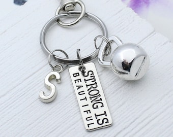 Strong is Beautiful Keychain, Dumbbell Charm Key Chain, Gift for Trainer, Motivation Accessory, Exercise, Gym, Fitness, Work out Keyring
