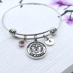 Air Force Mom Jewelry, Air Force Mom Charm Bangle Bracelet, United States Air Force Women Gift, Personalized Military Gift, Veteran