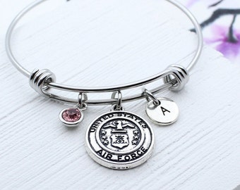 Air Force Mom Jewelry, Air Force Mom Charm Bangle Bracelet, United States Air Force Women Gift, Personalized Military Gift, Veteran
