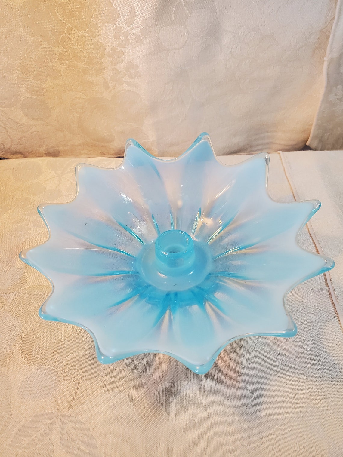 Vaseline Glass Fostoria Heirloom Blue Opalescent Candle Holder Etsy