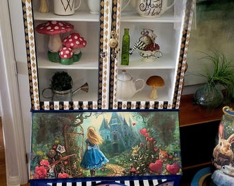 Whimsical hand painted and decoupage Alice in Wonderland secretary desk