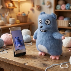 May include: A fuzzy blue plush creature with large white eyes, a black nose, and two front teeth, featuring a white belly and pink hands and feet. A smartphone on a stand displays an image of the same creature next to various yarn balls.