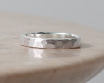 Brushed Hammered 3mm Ring, Custom Engraving, Sterling Silver Band for Men, Wedding Band His and Hers, Handmade in the UK