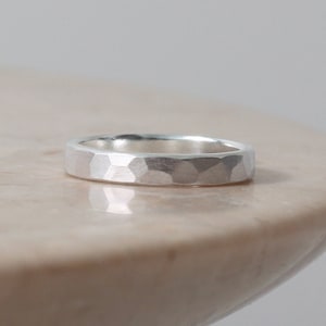 Brushed Hammered 3mm Ring, Custom Engraving, Sterling Silver Band for Men, Wedding Band His and Hers, Handmade in the UK image 1