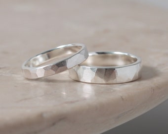 Brushed Hammered Ring, 5mm or 3mm, Custom Engraving, Sterling Silver Wedding Band, His and Hers 2pc Wedding Rings Sets, Handmade in the UK