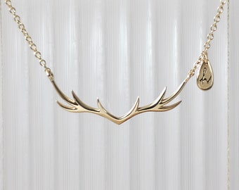 My Deer Antler Gold Minimal Necklace, 9ct / 18ct, Initial Tag, 9k Teardrop Charm, 18k Dainty Reindeer Pendant, Summer Necklace, Wedding